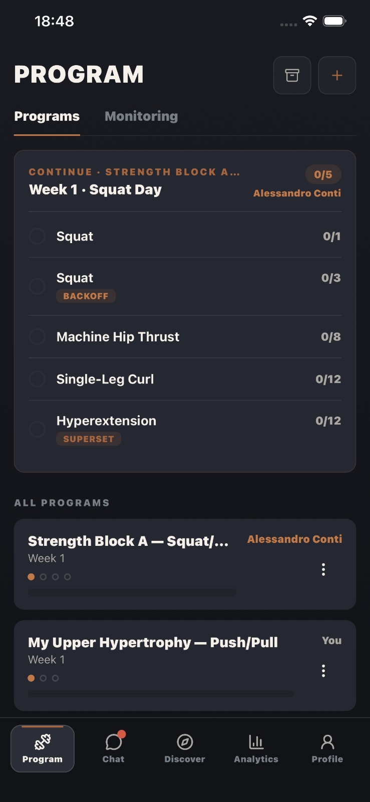 Tempio Strength app showing a Week 1 Squat Day program with logged sets.