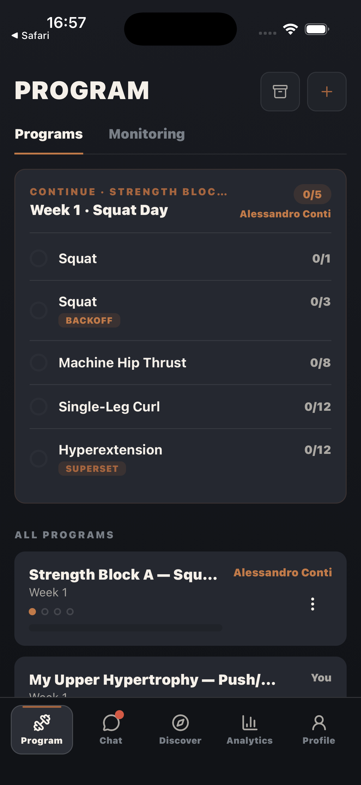 A Tempio athlete programme with planned exercises and set targets.